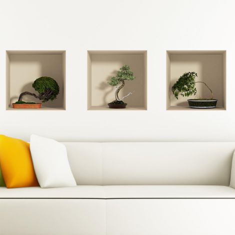 Sticker Muraux, 3D Effet Vinyle Adhésifs Muraux, Peintures Murales Décoration Murale pour Chambre à Coucher, Cuisine, Bureau - Bonsaï Difforme - Lot de 3 Pièces de 30 x 30 cm (1/5)