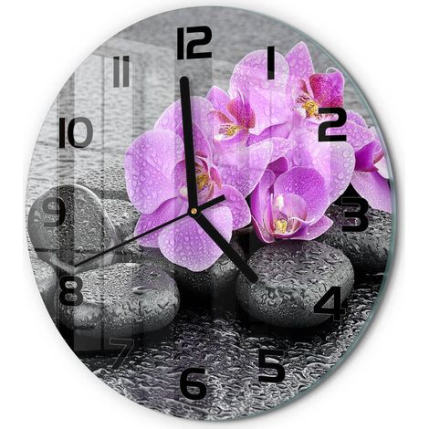 Horloge Murale Ronde Verre Trempé Silencieuse Facile à Lire Design Moderne Orchidée et pierres fi 30 cm (1/5)