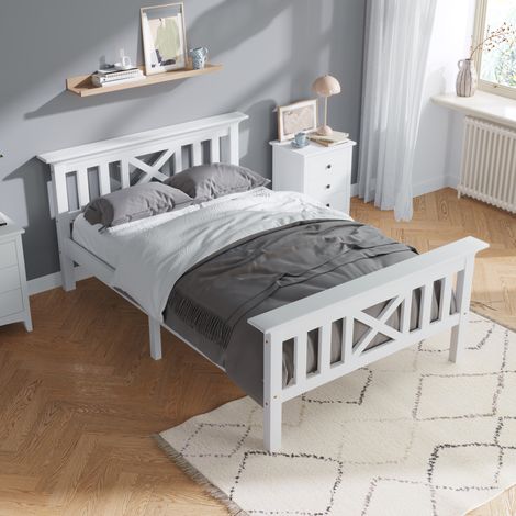 Lit simple classique 90x200 cm en bois massif blanc avec tête de lit en X et sommier à lattes (1/5)