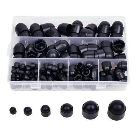 boîte de rangement avec 145 pièces, comprenant des capuchons en caoutchouc pour écrous hexagonaux, des cache-vis et des écrous en plastique noir (M4, M5, M6, M8, M10, M12). (1/4)
