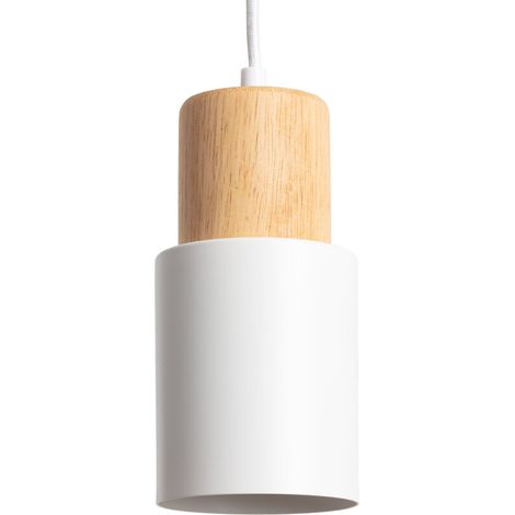 – Suspension en bois et métal Kidonge blanc – Design moderne – Ampoule E27 – Ø100 mm – Pour ampoules LED ou filament (1/5)