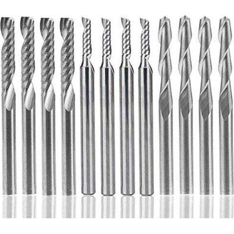 Carbide router bit set of 12, 4 1/8" double flute CNC router bits and 8 single edge router bits (2 types) for nylon, resin, ABS, acrylic, PVC, MDF and wood. (1/4)