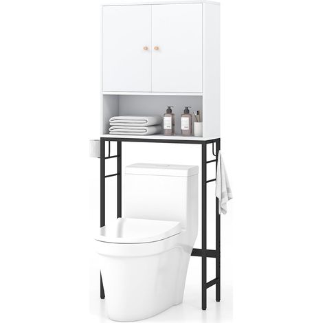 Armadio sopra il wc, Supporto per wc autoportante con 2 porte ripiano regolabile Bianco (1/5)