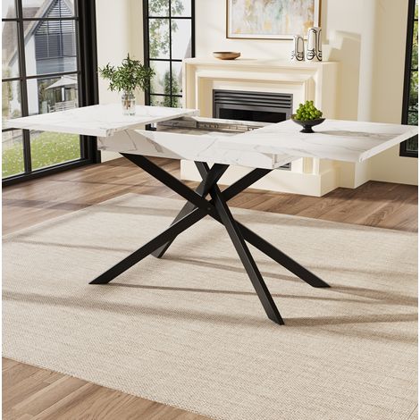 Table extensible da pranzo in MDF effetto marmo bianco e metallo nero 120-160x80x76,5 cm (1/5)