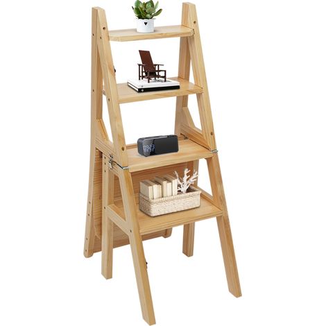 Tabouret pliant, chaise pliante en bois, tabouret pliant à quatre niveaux, support à fleurs multifonctionnel et tabourets pliants pour la cuisine, le bureau et le salon, couleur bois, 100 kg (1/5)