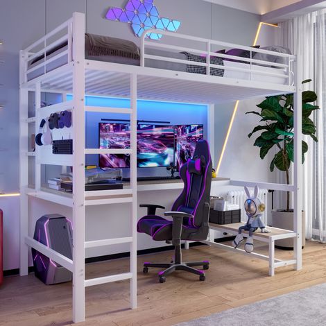 Cama alta 90x200 cm con escritorio, estanterías, panel perforado, escalera, barandilla, LED y puerto USB-C, estructura de metal y MDF, blanca CHICFURN (1/5)
