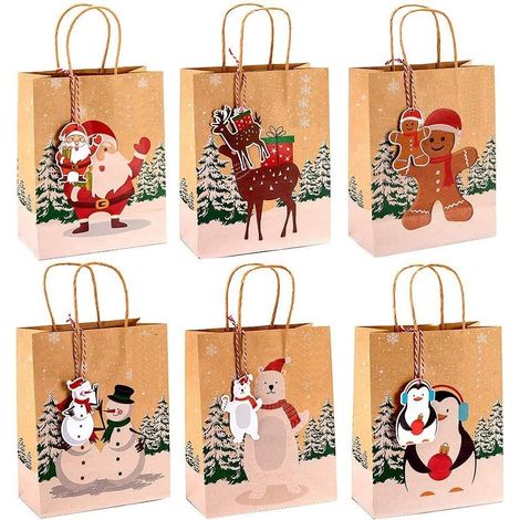 24 Pieces Christmas Gift Bags, 22 x 18 x 9cm Christmas Theme Kraft Paper Bags Goody Bags Christmas Party Bags Candy Paper Boxes - with 24 Christmas Tags (1/5)