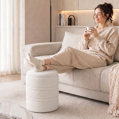 Pouf de rangement rond en peau de mouton 33 L avec couvercle réversible, idéal pour le salon ou la chambre, blanc. (1/5)