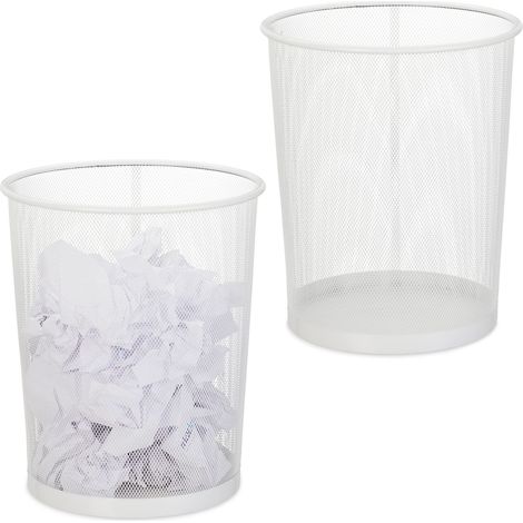 Corbeille à papier, lot de 2, bureau & chambre, ouverte, ronde, grille métallique, poubelle, métal, 35 x 29,5 cm, blanc