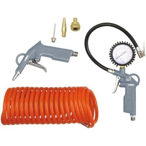 ABAC 6 Pièces Kit d'Accessoires Pour Compresseur G-813, Comprenant un Gonfleur de Pneus avec Manomètre, une Soufflette, un Tuyau en Spirale de 5 m, 3 Embouts de Gonflage, Pression Max. 8 Bar