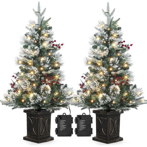 2er-Set künstliche Weihnachtsbäume 90 cm, 78 warmweiße LEDs, 8 Modi, dichte Zweige, Retro-Topf, für Innen & Außen geeignet (1/5)