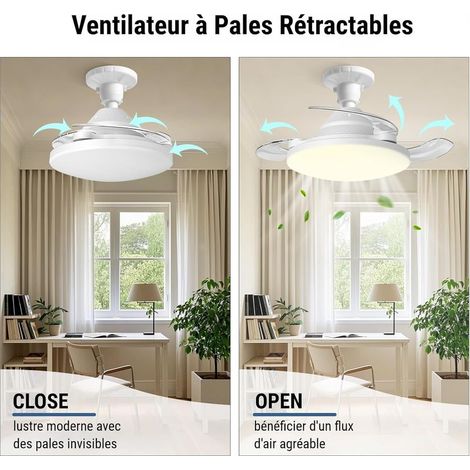 Ventilateur Plafond avec Lumière Pales Rétractable Télécommande 3 Niveaux Luminosité 3 Vitesse Eclairage 46cm Lampe Silencieux pour Salle à Manger Cuisine [Classe énergétique E] (1/5)