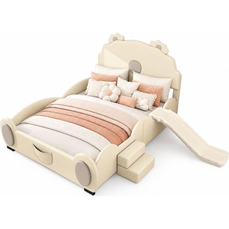 Lit enfant ourson 140 x 200 cm avec toboggan et échelle, revêtement en cuir régénéré beige, structure MDF, 3 colis, CHICFURN (1/5)