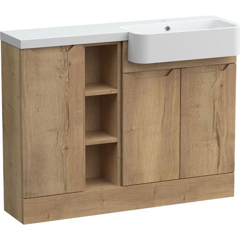 Teddesley Floor Standing Compact 3 Door Combination Vanity Basin Unit with Open Shelves and Basin, 1100mm, Right Hand, Autumn Oak