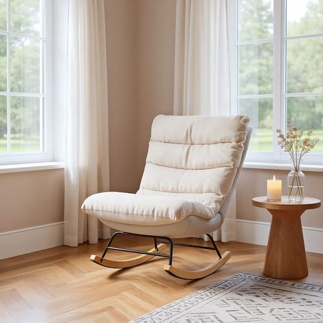 Schaukelstuhl mit Berbervliesoptik, Schaukelsessel mit verstellbarer Rückenlehne, Gepolsterter Sessel, für Wohnzimmer, Garten und Terrasse, Leinen Beige und Grau , 72 x 83 x 93 cm (1/5)