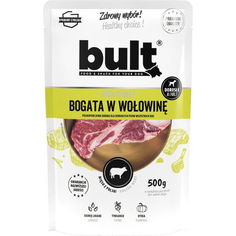 Alimento húmedo para perros BULT sabor carne de res, sobre de 500 g. (1/2)
