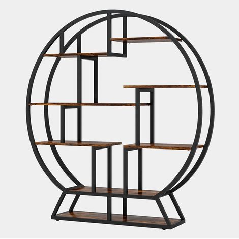 Étagère ronde à plantes avec 8 niveaux, structure métal noir et panneaux bois brun rustique (1/5)