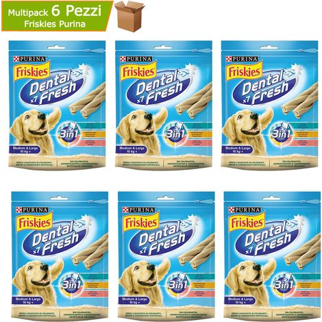 Friskies purina dental fresh 3 in 1 snack cane taglia media e grande multipack 6 confezioni da 180 g ciascuna