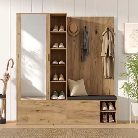 Ensemble vestiaire d'entrée 160x38x180cm - 3 portes - avec miroir et meuble à chaussures - avec crochet - Naturel