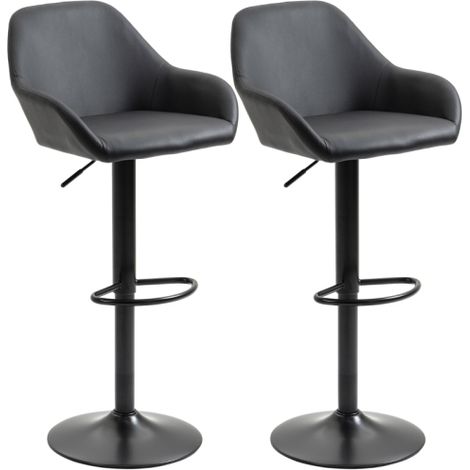 Set of 2 Adjustable Height Swivel Bar Stools in Black PU Leather with Back,Armrests,and Footrest for Home Kitchen Counter and Dining Room