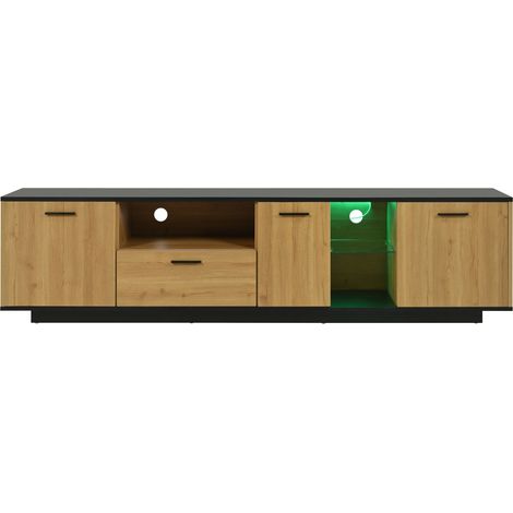 Mueble TV MDF negro y madera con 3 puertas, 1 cajón, 2 huecos y LED 16 colores (1/5)