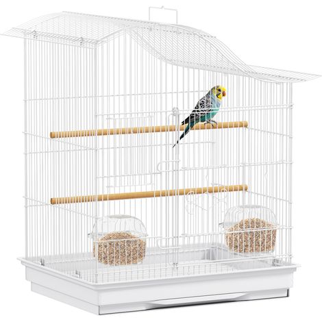 Beyamis Vogelkäfig mit 4 Eingängen, 2 Futter- und 2 Tränken sowie herausnehmbarem Wassernapf, Voliere aus Metall und Kunststoff, 47,5 x 36 x 54,5 cm, Weiß