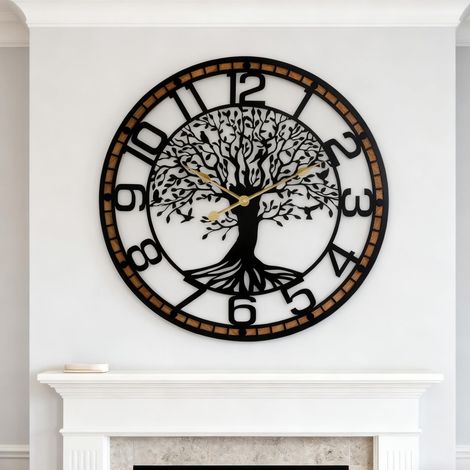 Grande horloge murale silencieuse de 61 cm en métal noir avec cadre en bois massif - Horloge à piles sans tic-tac pour salon/bureau/chambre/cuisine - Accessoire de maison (1/5)