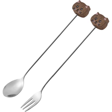 Ensemble de 2 pièces : fourchette et cuillère. Acier inoxydable. Manche en noyer. Peut servir de cuillère à café, de cuillère à miel, etc. (voir photo). (1/5)
