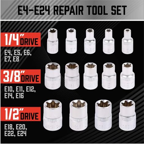 Coffret de 14 douilles - Jeu de douilles Torx femelles de qualité supérieure, douilles Ultimate Torque Star, douilles Torx externes, E4 E5 E6 E7 E8 E10 E11 E12 E14 E16 E18 E20 E22 E24 (1/4)