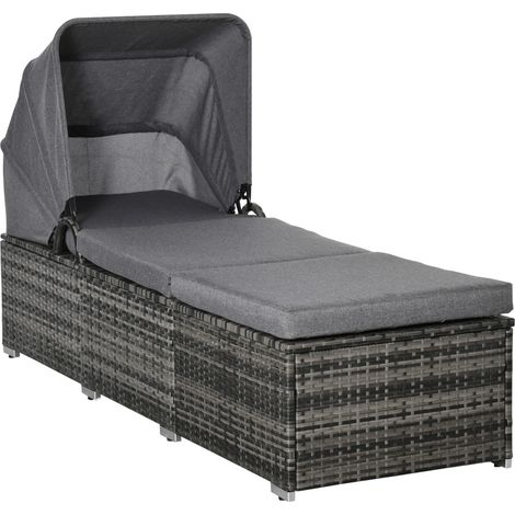 Lettino da giardino in polyrattan grigio con tettuccio regolabile e cuscino 195 x 65 x 40 cm (1/5)