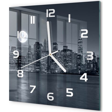 Horloge Murale Carrée Verre Silencieuse Moderne Décoration Salon Cuisine New York la nuit 30x30 cm (1/5)