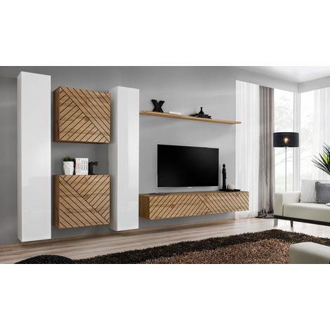 Ensemble de 6 meubles muraux "Switch VI " pour TV en bois - Blanc et Beige - L 330 x H 180 x P 40 cm - Livraison gratuite