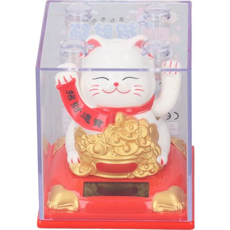 Chat Solaire Porte-Bonheur Maneki-neko Blanc - Décoration de Bureau et Voiture Type 336A (1/5)