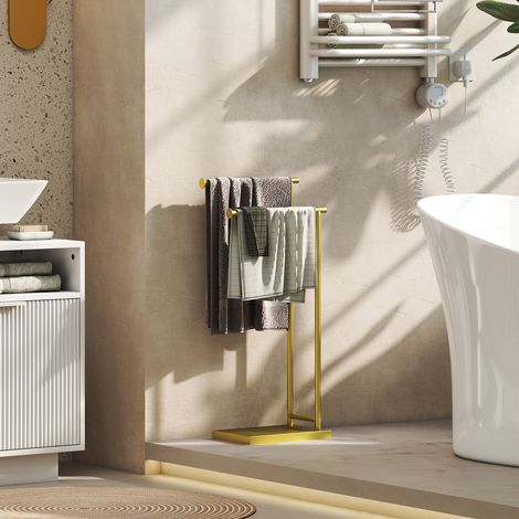 Porte-serviettes autoportant 35,5x20x78 cm avec 2 barres et cadre métallique moderne de salle de bain en forme de L doré