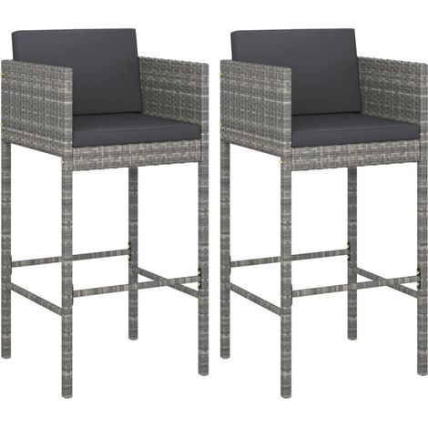Bar Stools with Cushions 2 pcs Grey Poly Rattan vidaXL