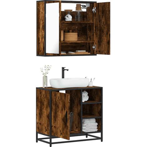 Ensemble meubles salle de bain 2 pièces chêne fumé avec armoire miroir et meuble vasque, 39.5kg - PANGIVO (1/5)