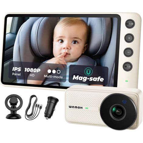 Caméra de surveillance magnétique pour bébé, 12,7 cm (5 pouces), écran HD IPS 1080p, fixation magnétique, vision nocturne, rotation à 360° avec modes zoom et écran partagé, alimentation USB, blanche. (1/5)
