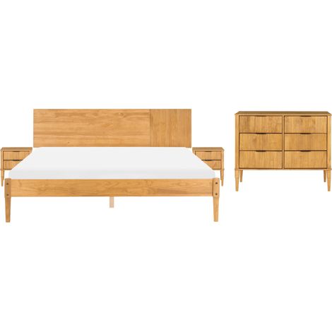 Conjunto de dormitorio estilo escandinavo de madera de pino 2 mesitas cómoda 6 cajones cama doble 180 x 200 cm marrón claro Flavignac (1/5)