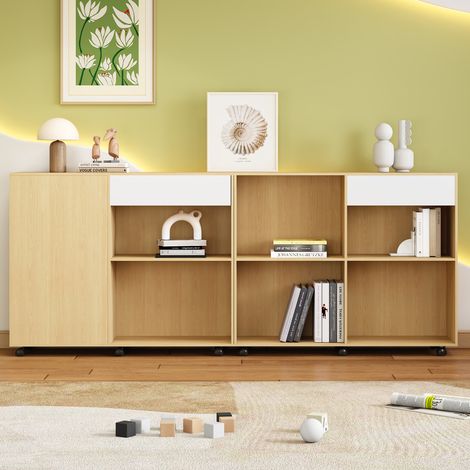 Buffet de cuisine à roulettes, meuble de rangement vitrine, rangement ouvert, MDF, couleur naturelle, 222×34×95cm (1/5)