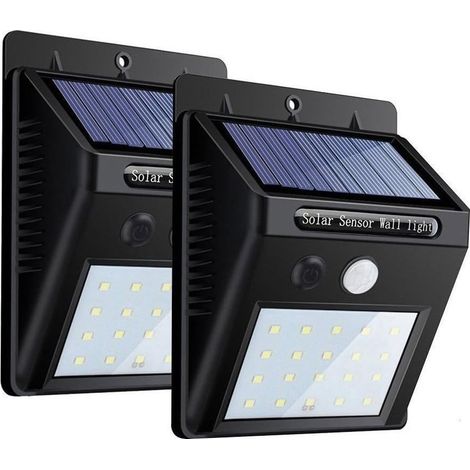 Lot de 2 lampes solaires LED de jardin, sans fil, 20 LED étanches, avec détecteur de mouvement et trois modes d'éclairage intelligents, pour jardin et terrasse.