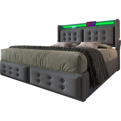 Letto matrimoniale 140x200 cm grigio in tessuto cotone-lino, LED, USB-C e vano contenitore - CHICFURN (1/5)