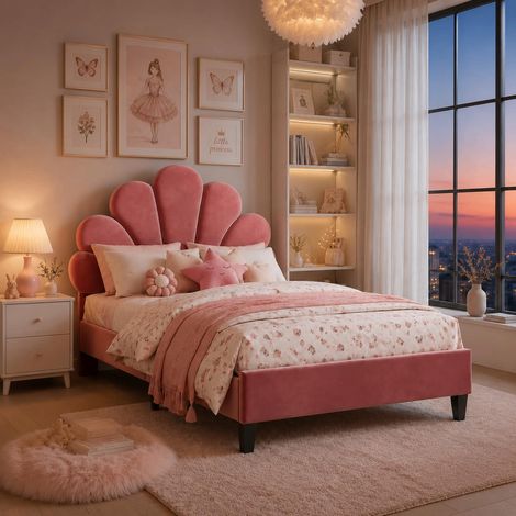 Lit enfant 90x200 cm avec tête de lit pétale capitonnée, hauteur réglable, velours bordeaux