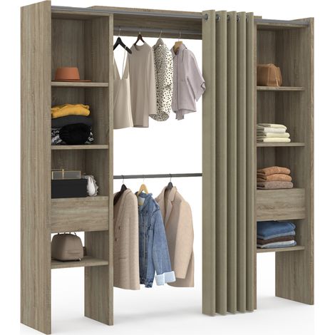 Idmarket – Dressing modulable extensible 120/180 cm – 8 étagères réglables – Double penderie – Rideau taupe clair – Structure bois hêtre