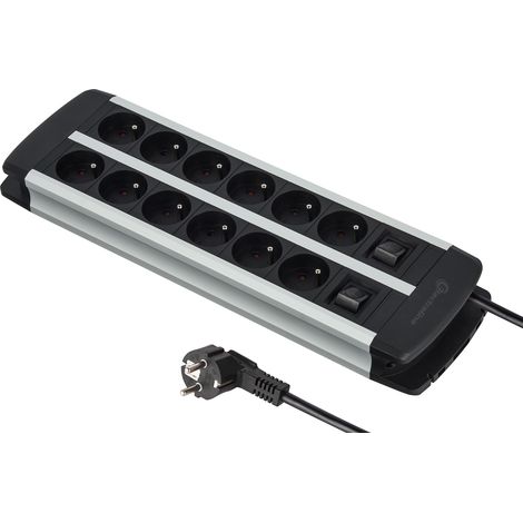 Electraline 35447 - Blocco multipresa Alu-Line, 12 prese con corpo in alluminio, cavi H05VV-F 3G1.5mm, lunghezza 2M, 2 interruttori (1 x 6 prese), con protezione da sovraccarico (1/5)