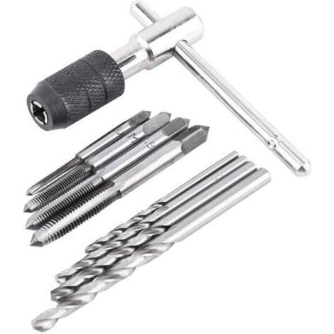 9 Pièces/ensemble de Tarauds à Vis, 1 Clé à Taraud en Forme de T, 4 Tarauds et 4 Forets Hélicodaux, Jeu de Clés à Taraud en Acier à Roulement de Haute Qualité, Forets Torsadés Filetage Taraudage Kit (1/4)