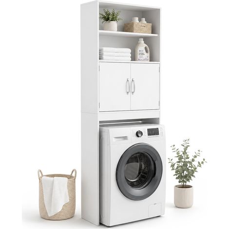 Relaxdays washing machine cabinet, 4 compartments, shelf for washer, dryer or toilet, HxWxD: 185 x 63 x 20 cm, white