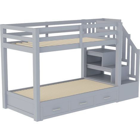 Litera infantil 90 x 200 cm con cama nido, cajones y escalera de almacenaje gris HOMVRA (1/5)