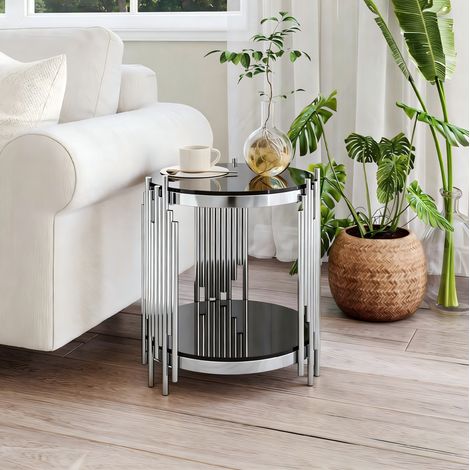 Tavolino rotondo 45x45x55 cm con 2 livelli portaoggetti, piano in vetro temperato, design moderno, nero e argento (1/5)