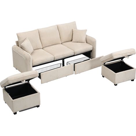 Divano modulare a 3 posti con contenitore, letto d'appoint, 2 pouf con vano, tessuto cord beige (1/5)
