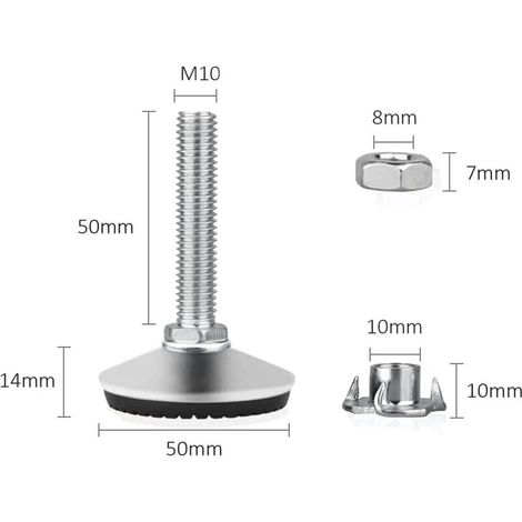 Pieds de Nivellement pour Meuble, Pied Réglable Hauteur en Acier Inoxydable 4 pièces M10 x 50mm Vis de Réglage avec Base en Caoutchouc Antidérapant et écrou en T (1/4)